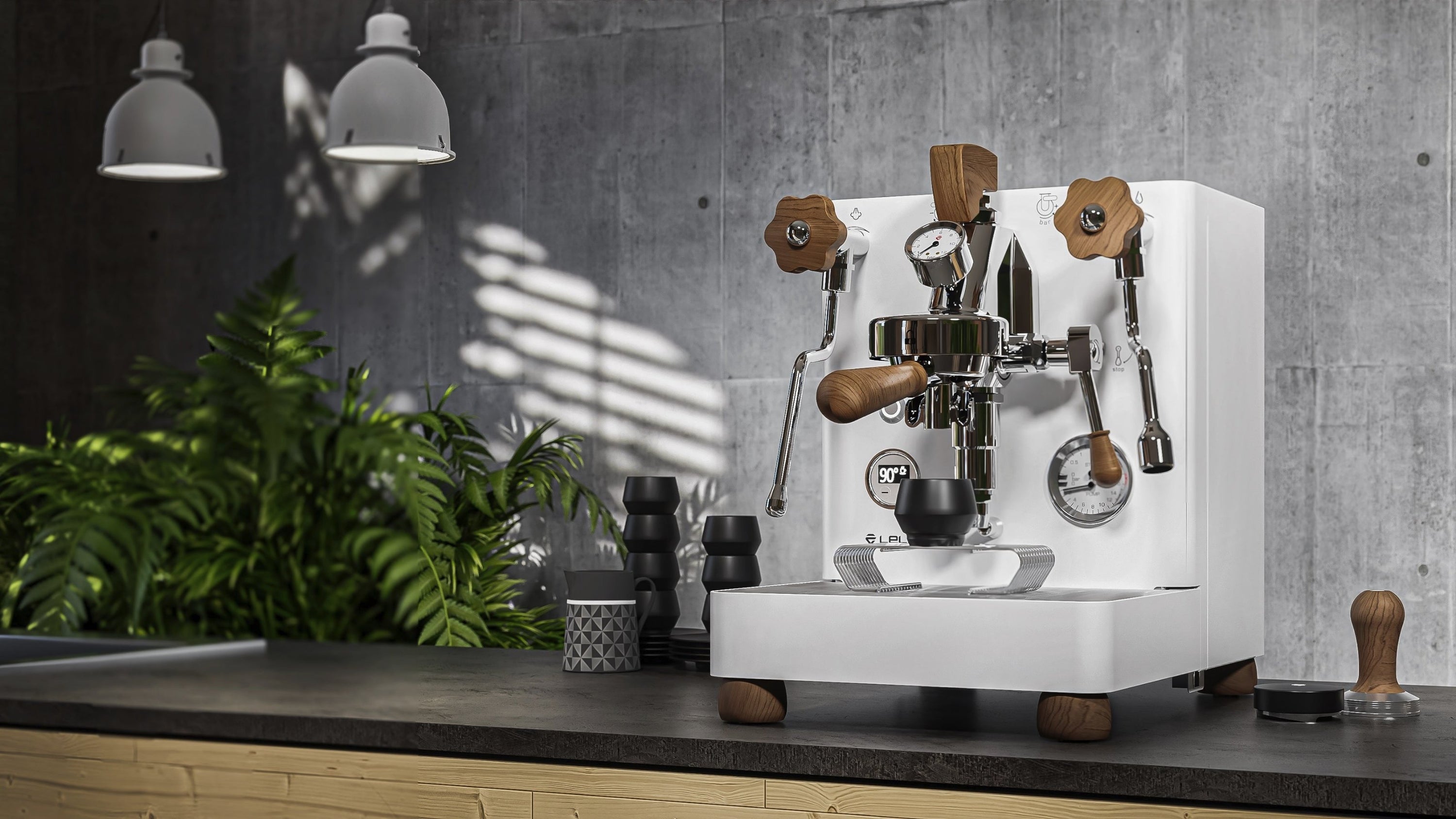 lelit bianca in white positioned on an amazing kitchen