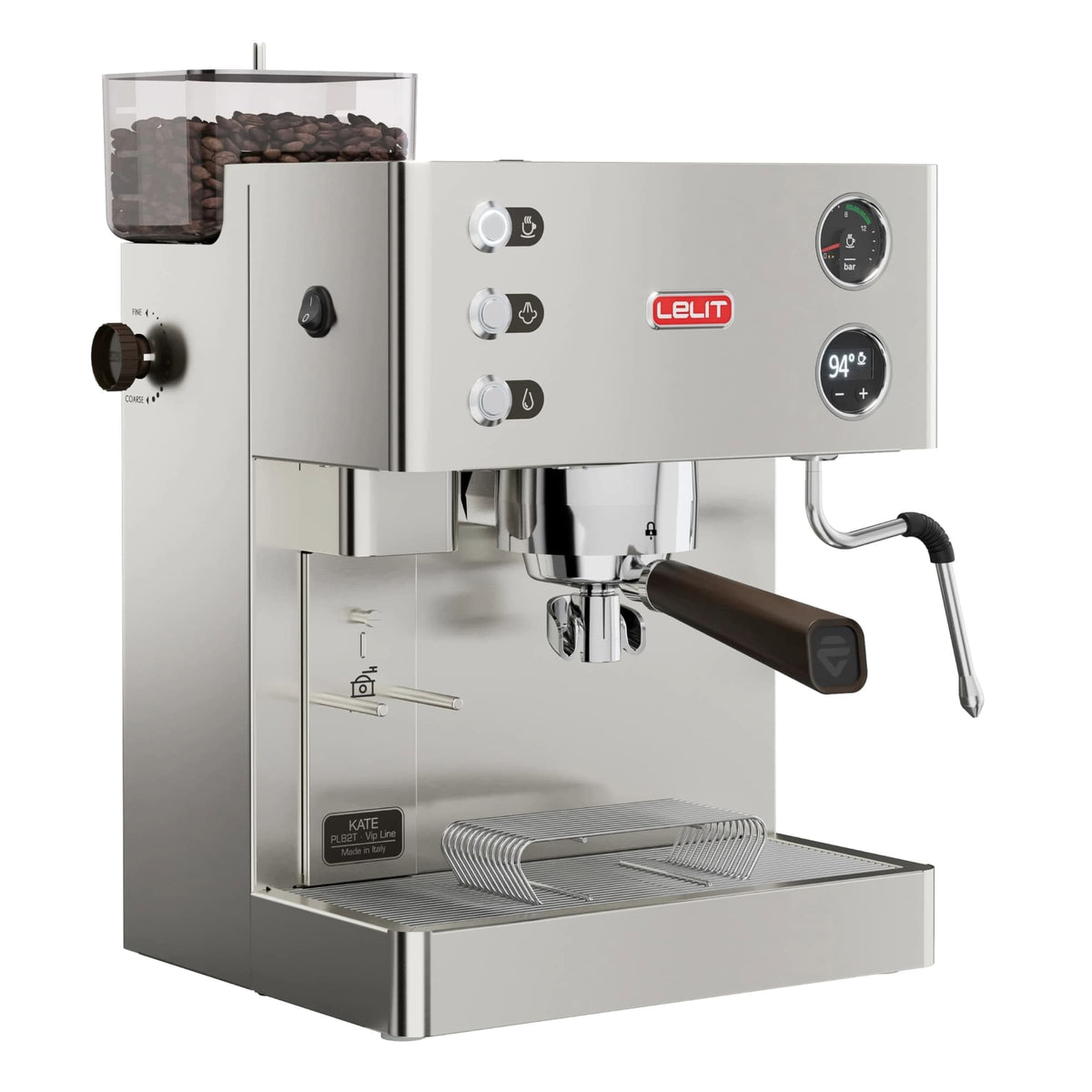 Lelit Kate Espresso Machine PL82T corner view with grinder full of coffee beans