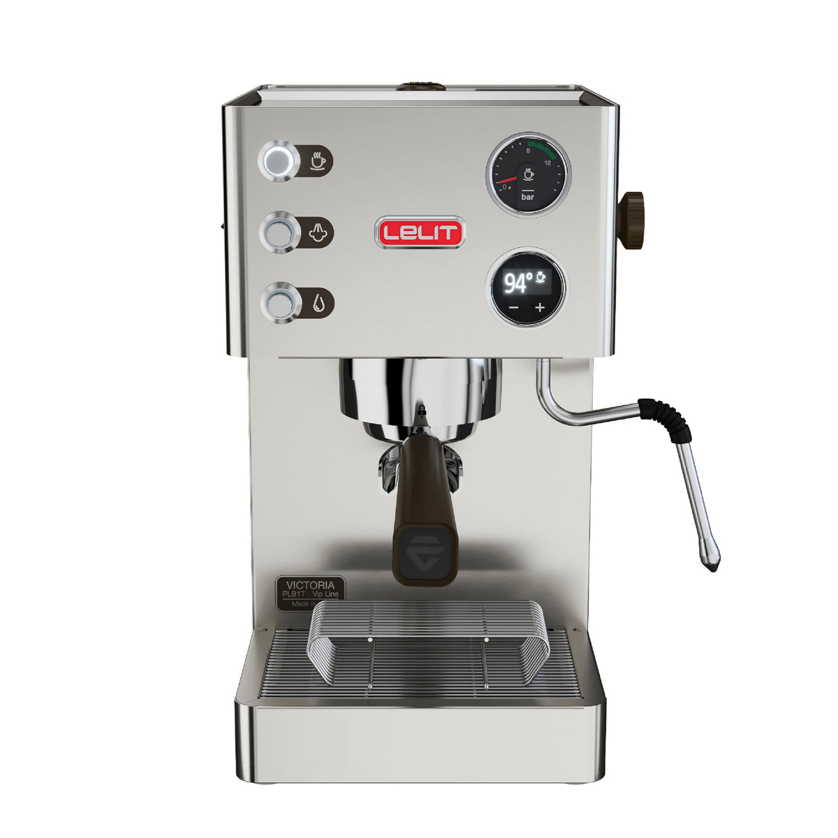 Lelit Victoria PL91T Front A silver Lelit Victoria espresso machine with a single boiler, PID, and preinfusion features. It has an OLED graphic display, back-lit buttons, and a stainless steel body with a drip tray.