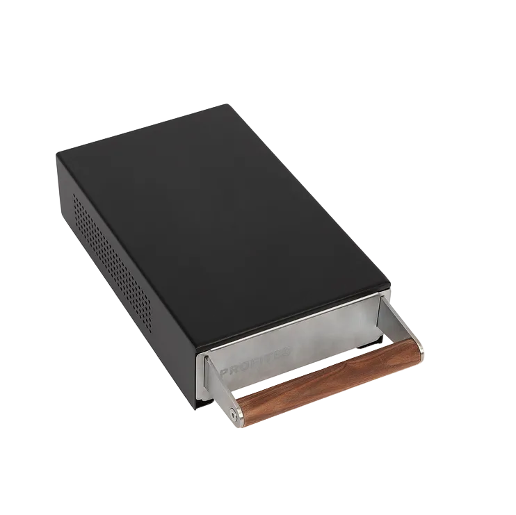 Profitec espresso black knock box drawer with wooden handle front view Profitec black and wooden knock box draw for coffee grounds AC500046-00