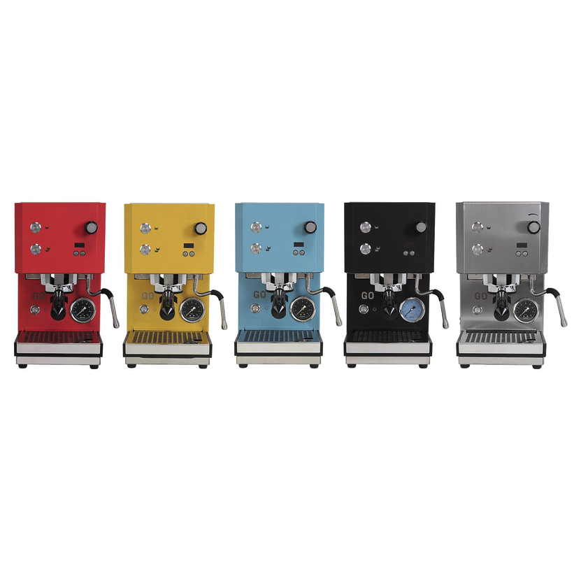 Five espresso machines in different colors (red, yellow, light blue, black, and silver) lined up in a row against a plain white background.