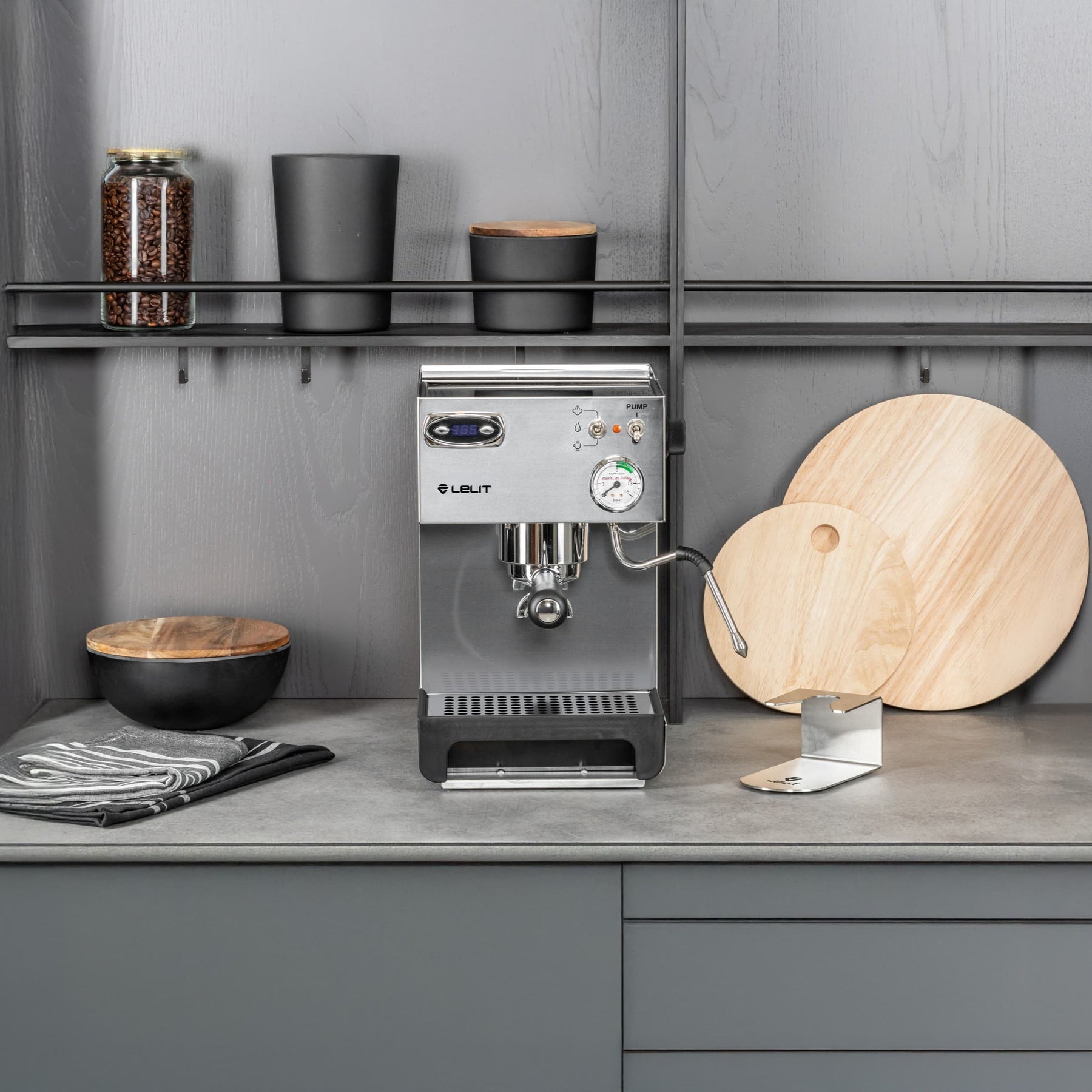 A silver lelit anna pl41tem espresso machine on a kitchen counter 