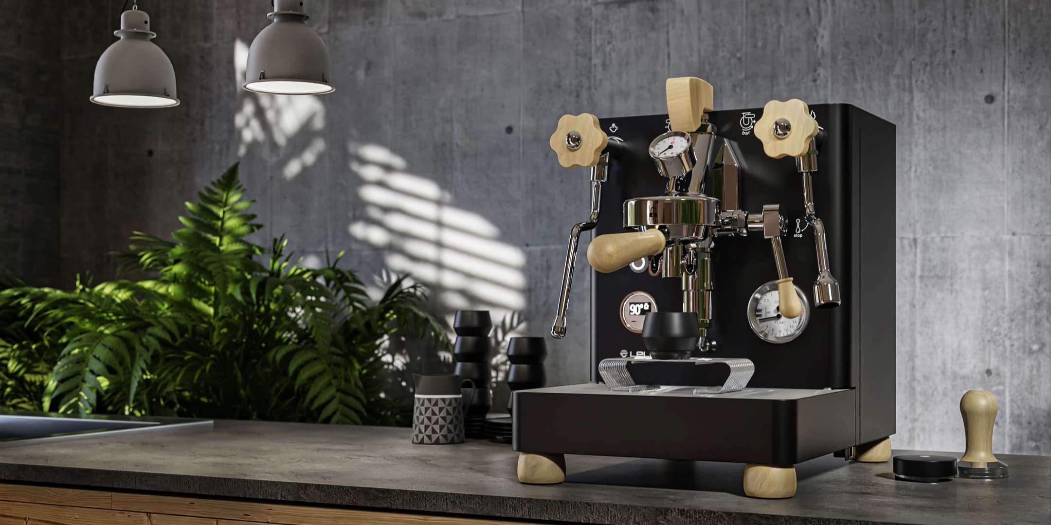 Lelit bianca black espresso machine with wooden knobs