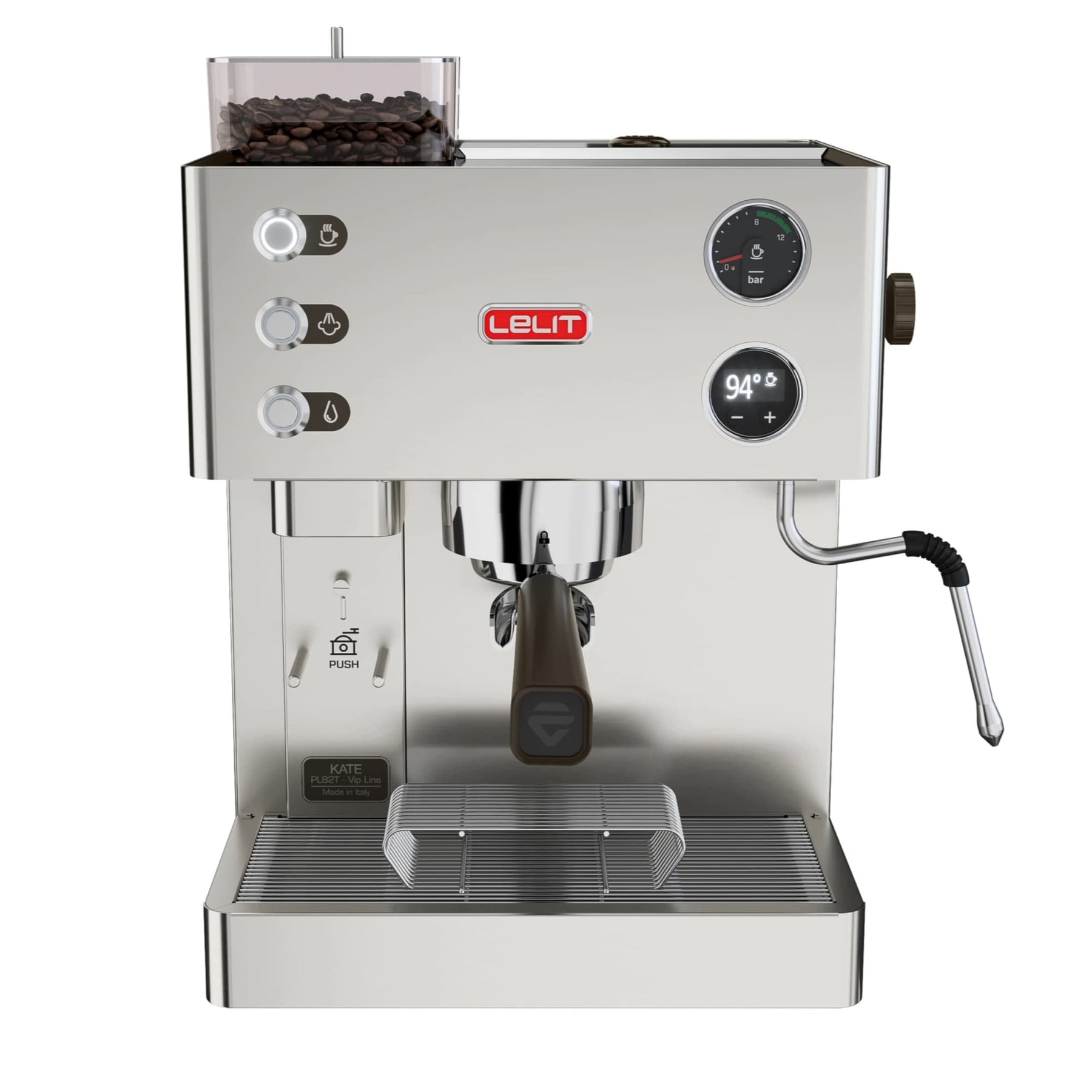 Lelit Kate PL82T Silver Espresso Machine & Grinder with LCC front view