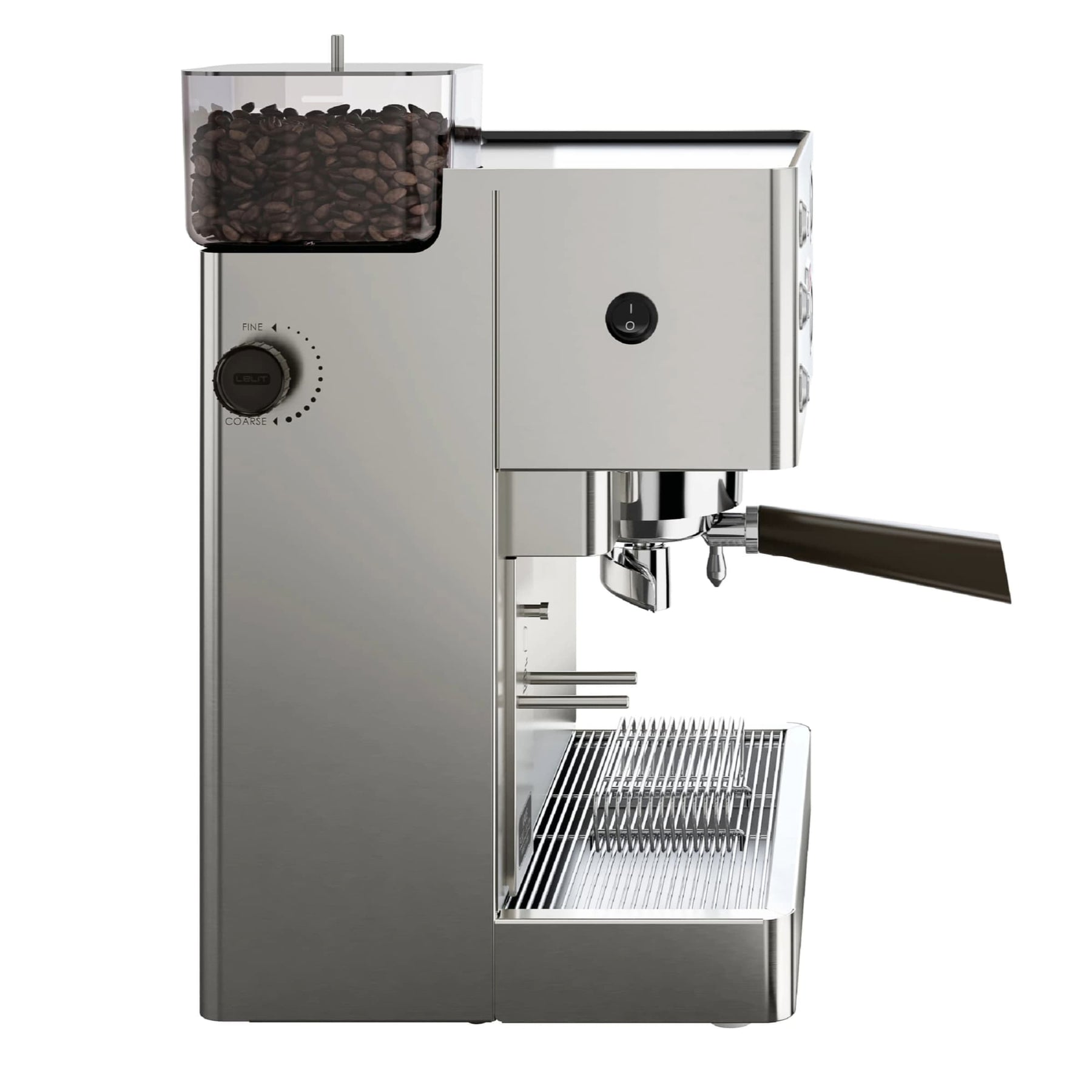 Lelit Kate espresso machine with grinder PL82T with portafilter side view