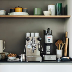 Lelit Mara x v2 espresso machine silver beside the lelit william grinder