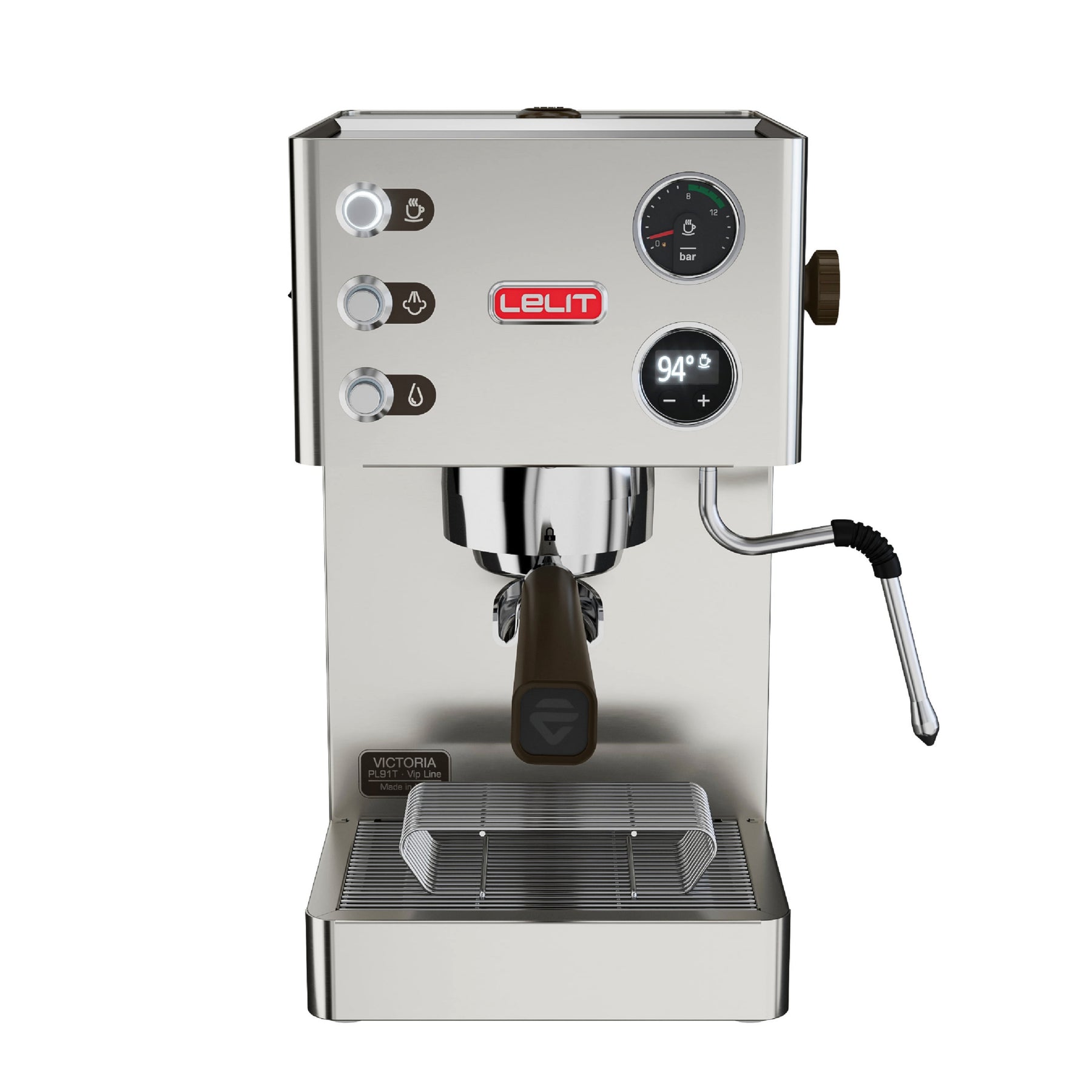 Lelit Victoria PL91T Front A silver Lelit Victoria espresso machine with a single boiler, PID, and preinfusion features. It has an OLED graphic display, back-lit buttons, and a stainless steel body with a drip tray.