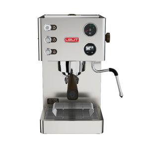 Lelit Victoria PL91T Front A silver Lelit Victoria espresso machine with a single boiler, PID, and preinfusion features. It has an OLED graphic display, back-lit buttons, and a stainless steel body with a drip tray.