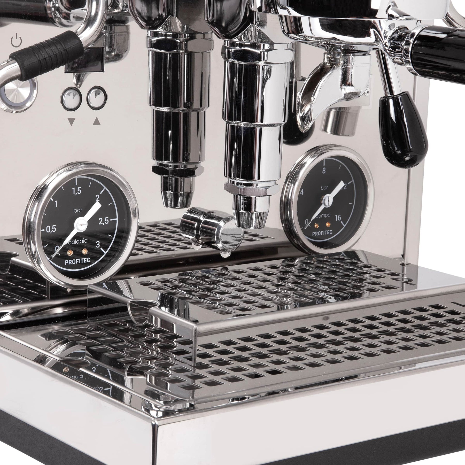 Profitec Drive close up of manometer and drip tray