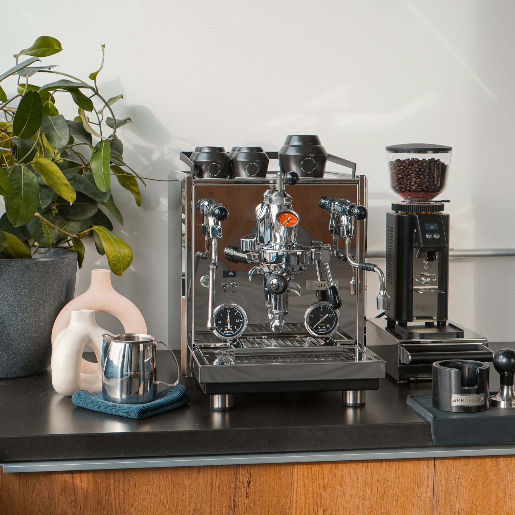 Profitec Drive espresso machine lifestyle shot with grinder