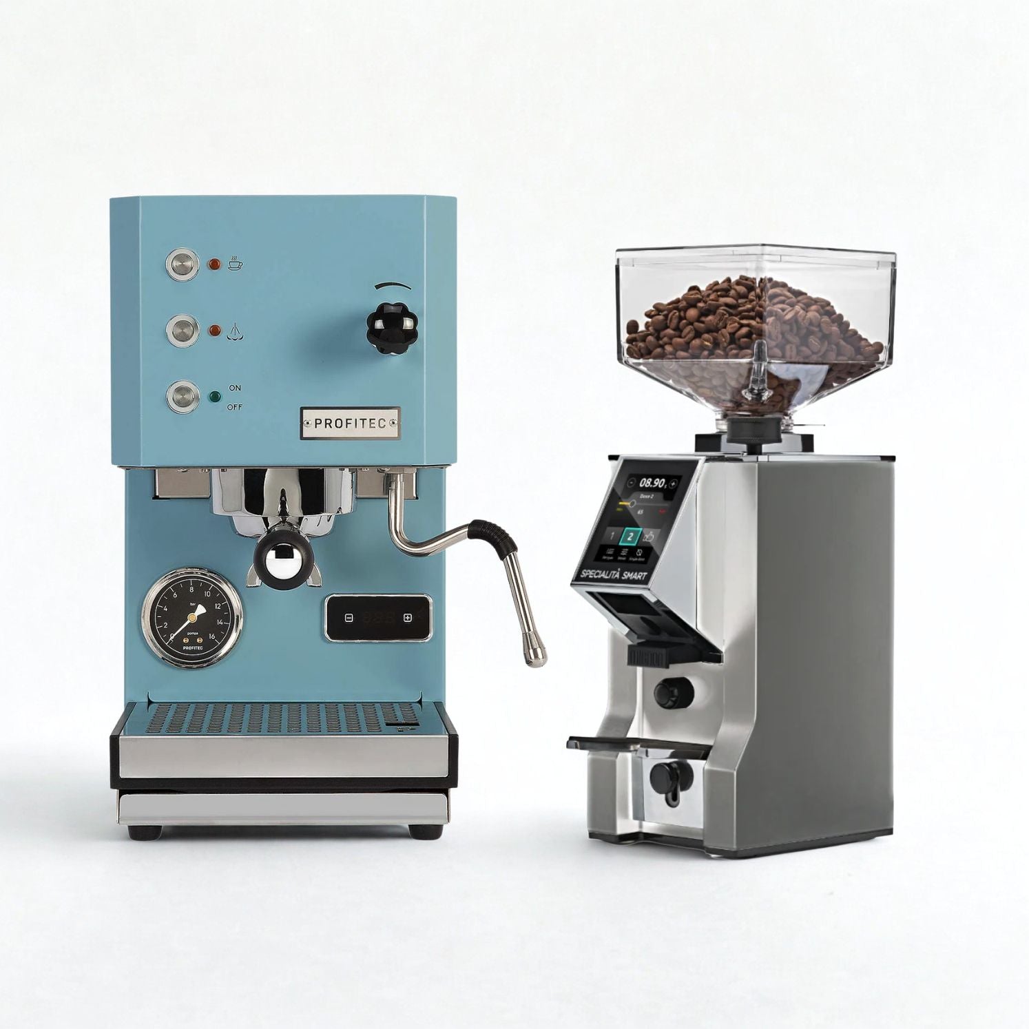 profitec go espresso machine in blue with the eureka specialita smart silver grinder special deal