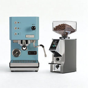 profitec go espresso machine in blue with the eureka specialita smart silver grinder special deal