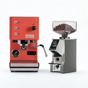 red profitec go espresso machine with silver eureka specialita smart grinder combo deal