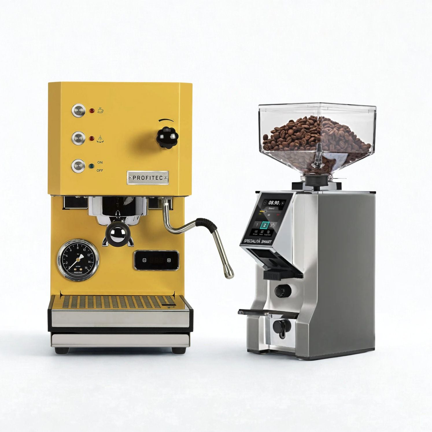 Combo Deal Profitec Go Yellow espresso machine and the Eureka Specialita Smart silver grinder special offer
