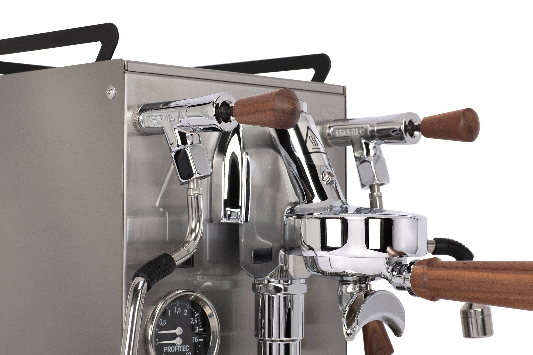 Profitec Jump CM500005-00 close up brew group and wooden levers