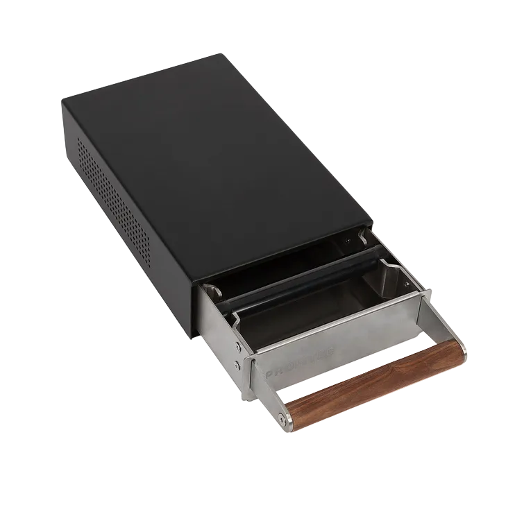 Profitec black and wooden knock box draw for coffee grounds AC500046-00