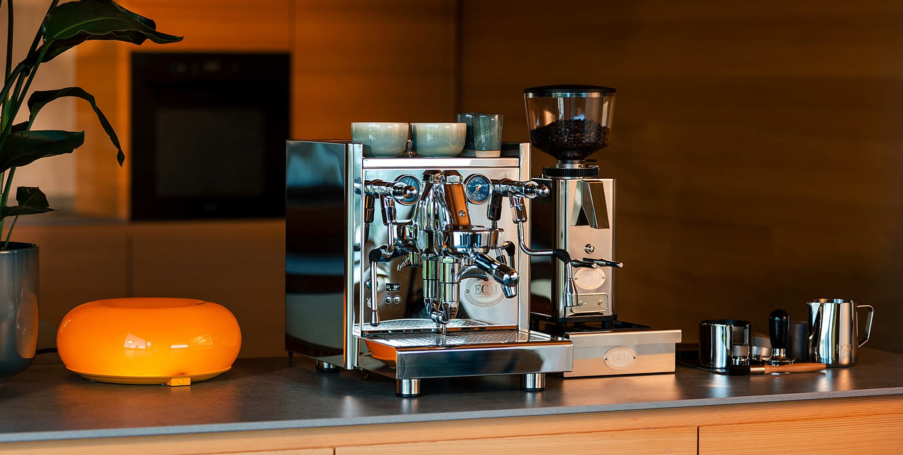 ECM Technika VI espresso machine with ECM grinder and accessories in kitchen