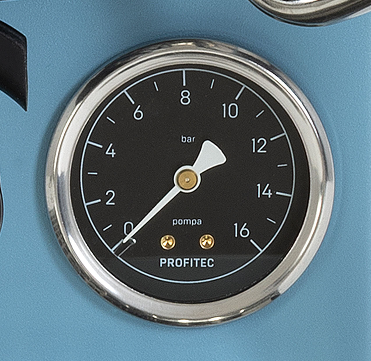 new version of profitec go 2.0 close up of manometer on blue machine