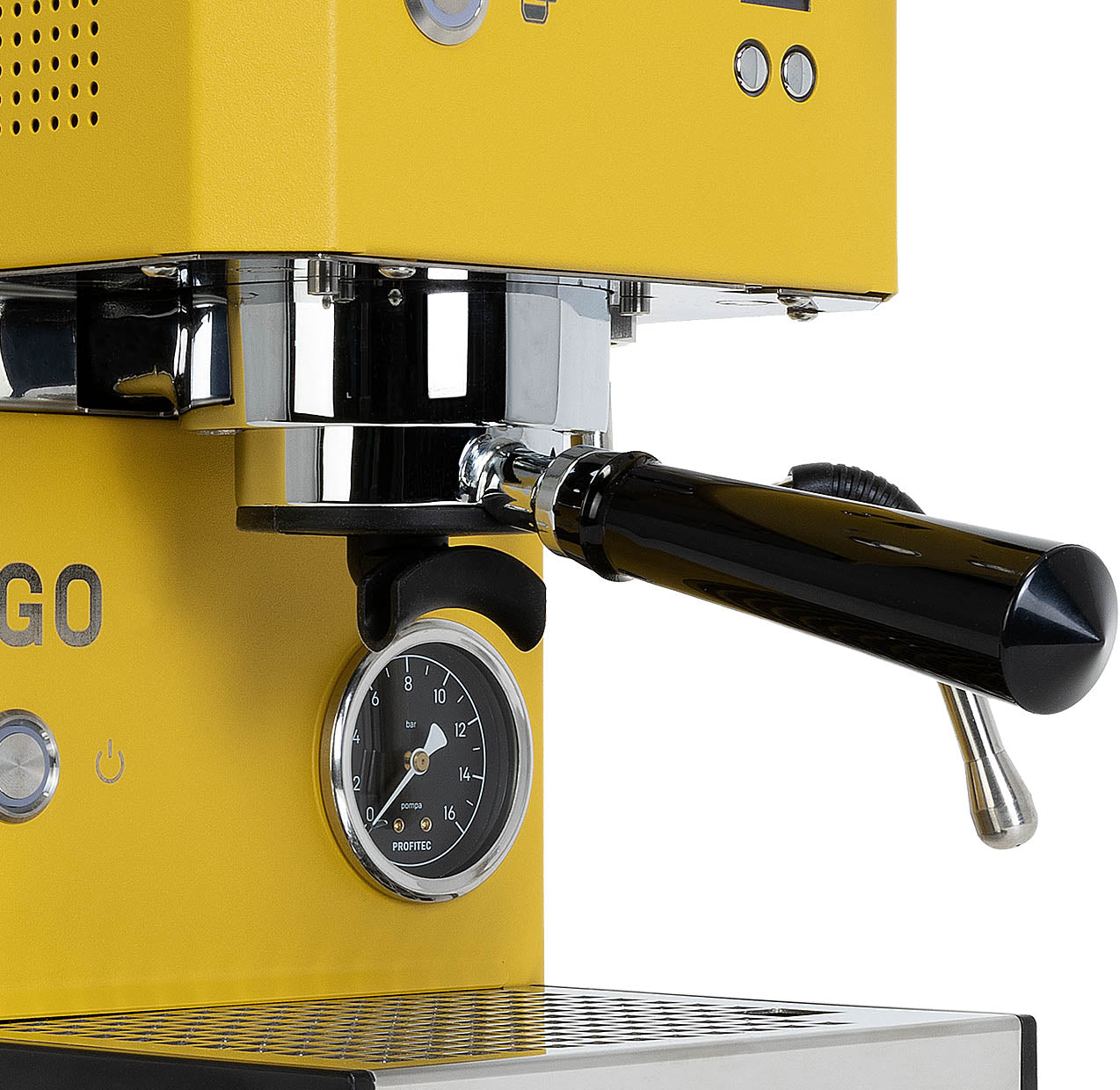 profitec go 2.0 yellow coffee machine close up of portafilter