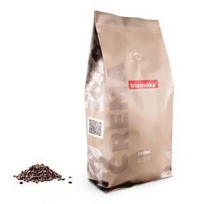 trismoka beans crema new packaging with coffee beans beside