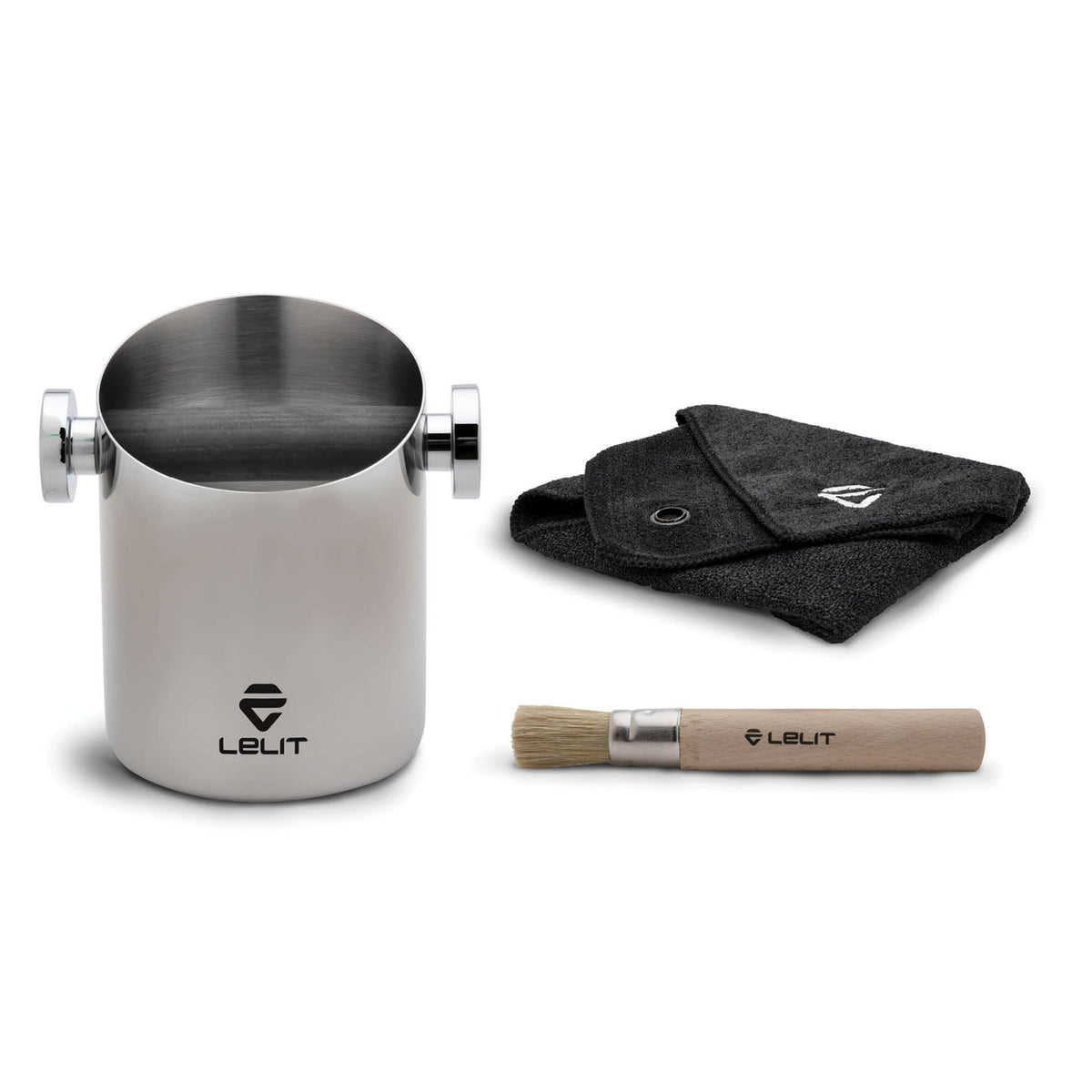 Lelit round knock box with barista cloth and brush
